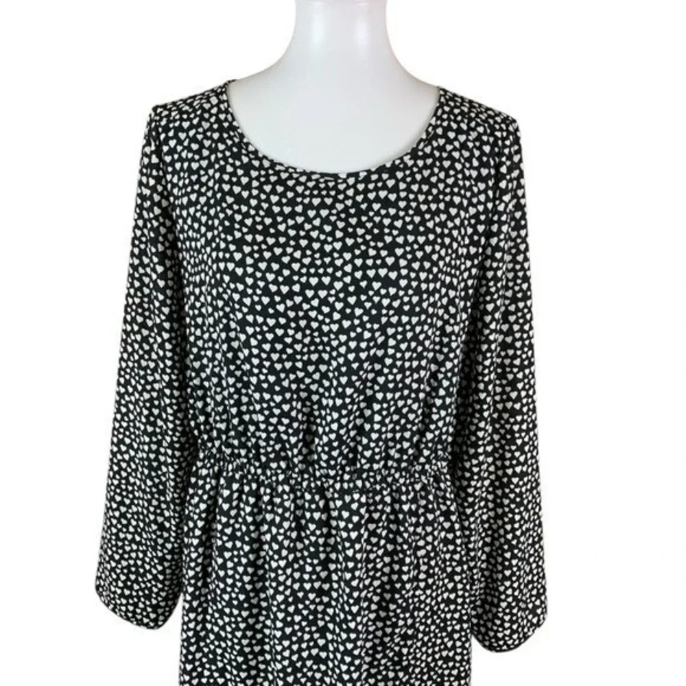 J Crew‎ Mercantile Black White Heart Print Long Sleeve Dress 14 Elastic Waist